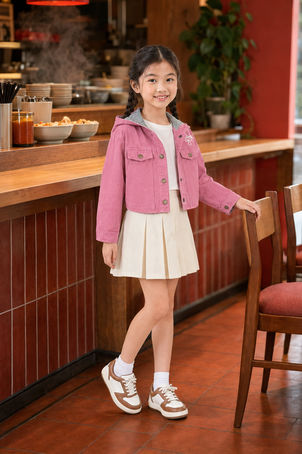 Áo Khoác Kaki Bé Gái Màu Hồng Ruốc Có Mũ Trùm Lót Caro Phong Cách Hàn Quốc - Ảnh 6