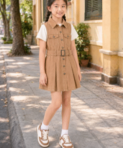 Tiêu đề sản phẩm (chuẩn SEO & hấp dẫn): Váy Kaki Sát Nách Cho Bé Gái Dáng Vest Xếp Ly Phối Đai Lưng Màu Nâu Tay/Nâu Đất Vintage