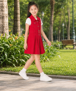 Váy Kaki Sát Nách Cho Bé Gái Dáng Vest Xếp Ly Phối Đai Lưng Màu Đỏ Nổi Bật - ảnh 6