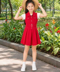 Váy Kaki Sát Nách Cho Bé Gái Dáng Vest Xếp Ly Phối Đai Lưng Màu Đỏ Nổi Bật - ảnh 5