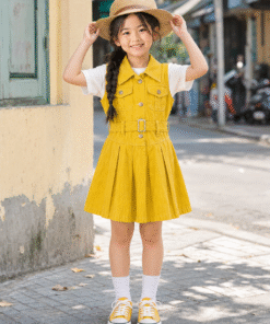 Váy Kaki Sát Nách Cho Bé Gái Dáng Vest Xếp Ly Phối Đai Lưng Màu Vàng Rực Rỡ - ảnh 5