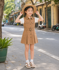 Váy Kaki Sát Nách Cho Bé Gái Dáng Vest Xếp Ly Phối Đai Lưng Màu Nâu Tay/Nâu Đất Vintage - ảnh 3