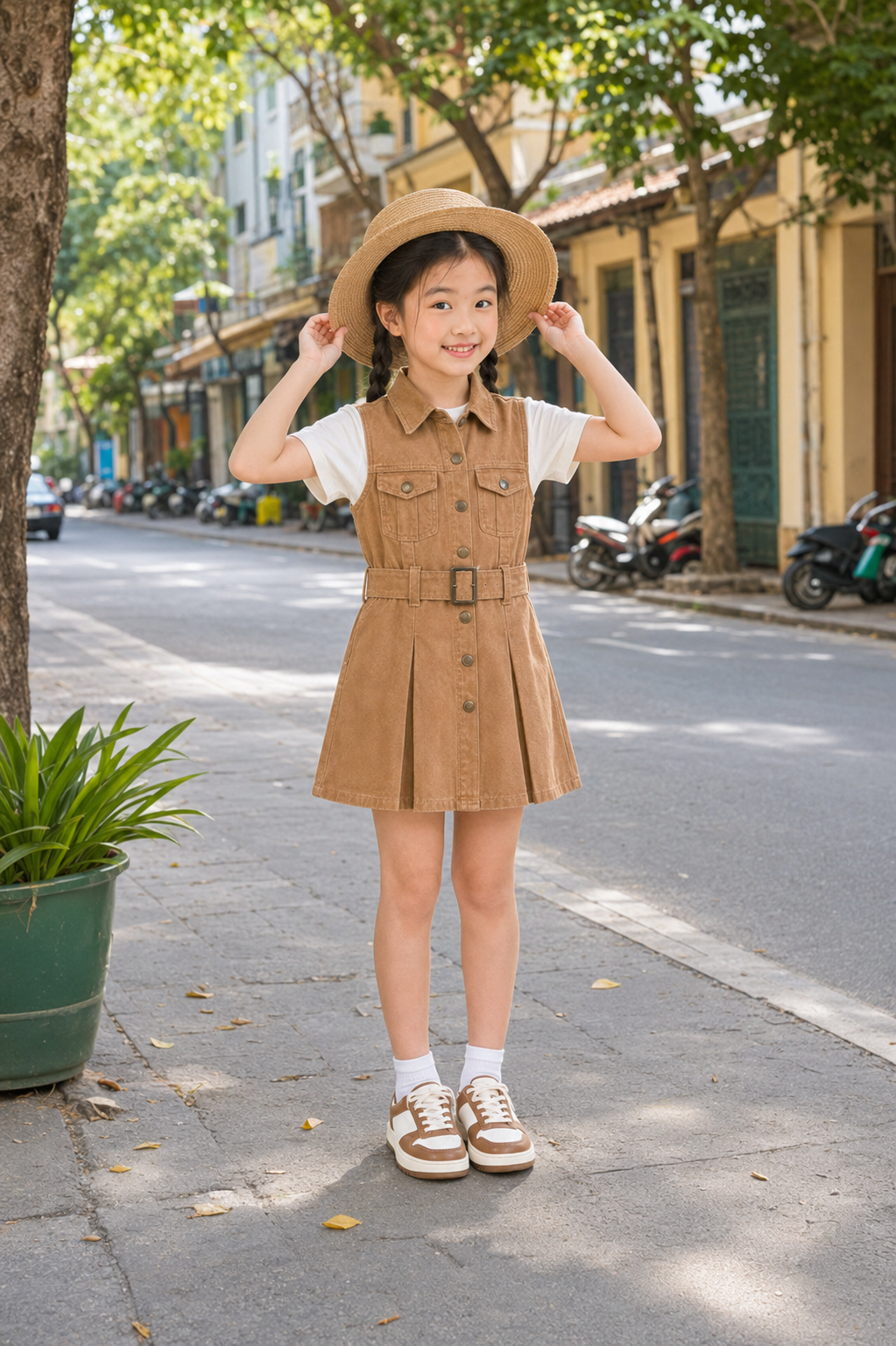 Tiêu đề sản phẩm (chuẩn SEO & hấp dẫn): Váy Kaki Sát Nách Cho Bé Gái Dáng Vest Xếp Ly Phối Đai Lưng Màu Nâu Tay/Nâu Đất Vintage - Ảnh 3