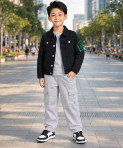 Áo Khoác Jean Bé Trai & Bé Gái Màu Đen Cực Cool In Chữ Tay Áo Phong Cách Hàn Quốc - ảnh 4