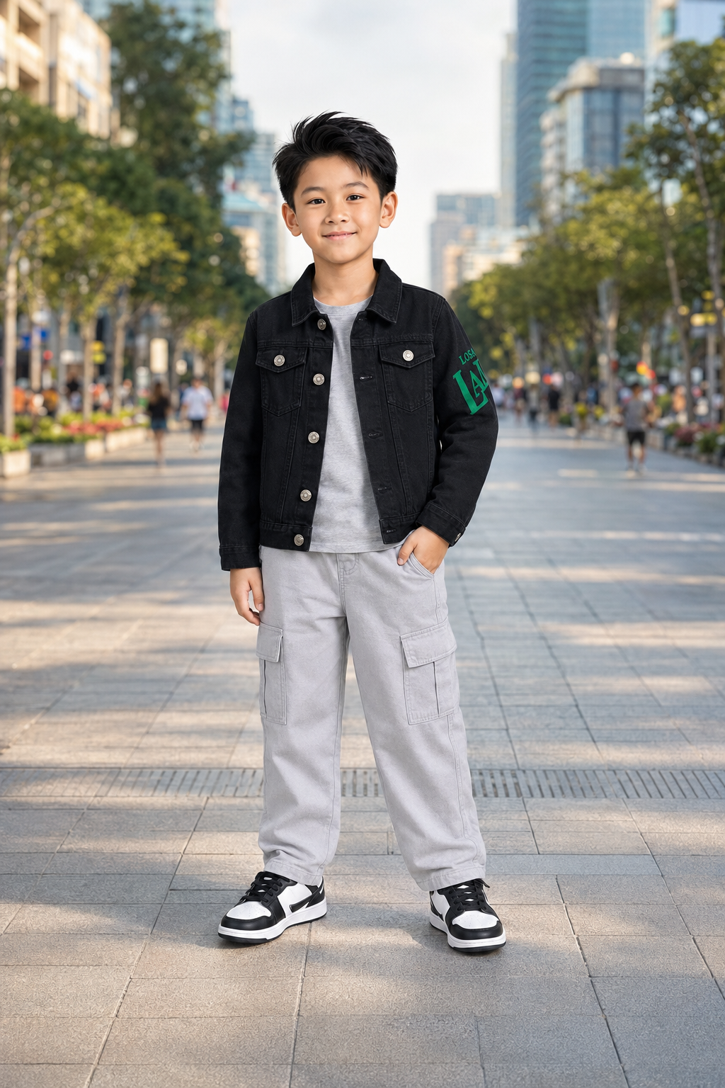 Áo Khoác Jean Bé Trai & Bé Gái Màu Đen Cực Cool In Chữ Tay Áo Phong Cách Hàn Quốc - Ảnh 4
