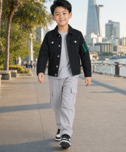 Áo Khoác Jean Bé Trai & Bé Gái Màu Đen Cực Cool In Chữ Tay Áo Phong Cách Hàn Quốc - ảnh 5