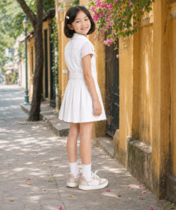Váy Kaki Sát Nách Cho Bé Gái Dáng Vest Xếp Ly Phối Đai Lưng Màu Trắng Thanh Lịch - ảnh 6