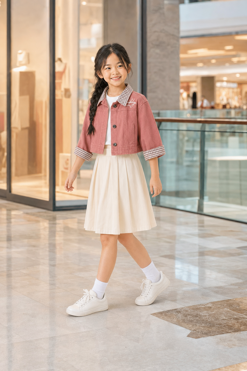Áo Khoác Kaki Bé Gái Màu Hồng Đỗ Cổ Phối Caro Phong Cách Hàn Quốc - Ảnh 2