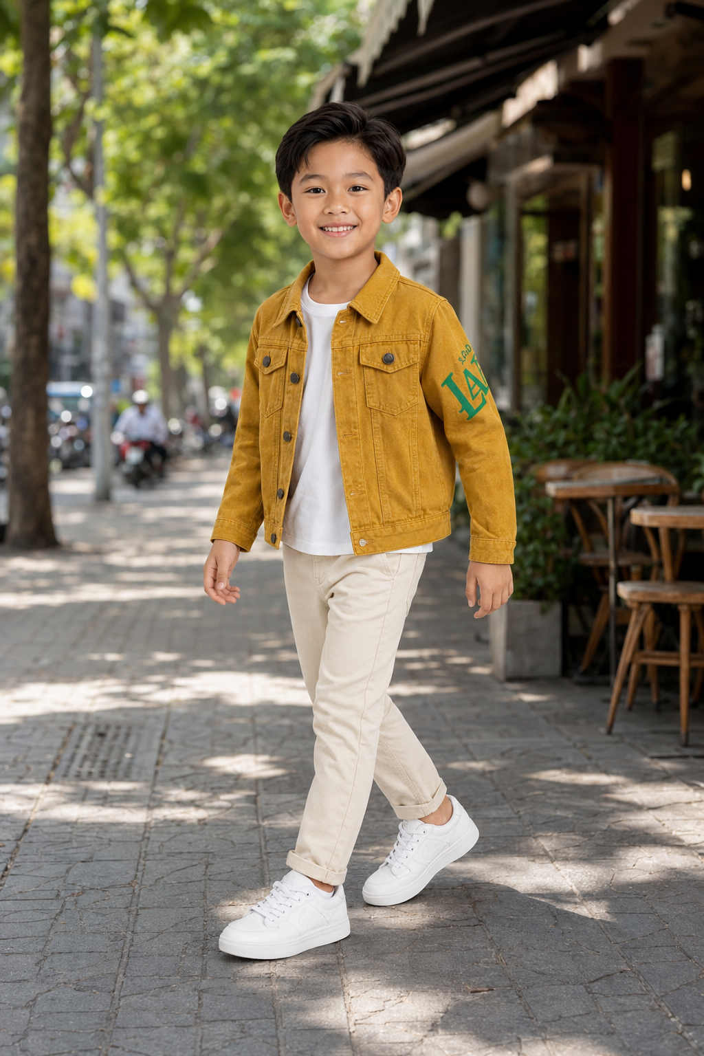 Áo Khoác Kaki Bé Trai & Bé Gái Màu Vàng Mù Tạt In Chữ Tay Áo Phong Cách Hàn Quốc - Ảnh 2