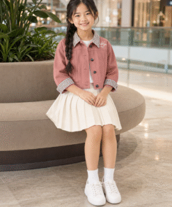 Áo Khoác Kaki Bé Gái Màu Hồng Đỗ Cổ Phối Caro Phong Cách Hàn Quốc - ảnh 4