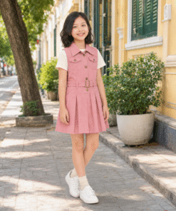 Váy Kaki Sát Nách Cho Bé Gái Dáng Vest Xếp Ly Phối Đai Lưng Màu Hồng Đất / Hồng Dâu Dịu Dàng - ảnh 5