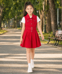 Váy Kaki Sát Nách Cho Bé Gái Dáng Vest Xếp Ly Phối Đai Lưng Màu Đỏ Nổi Bật