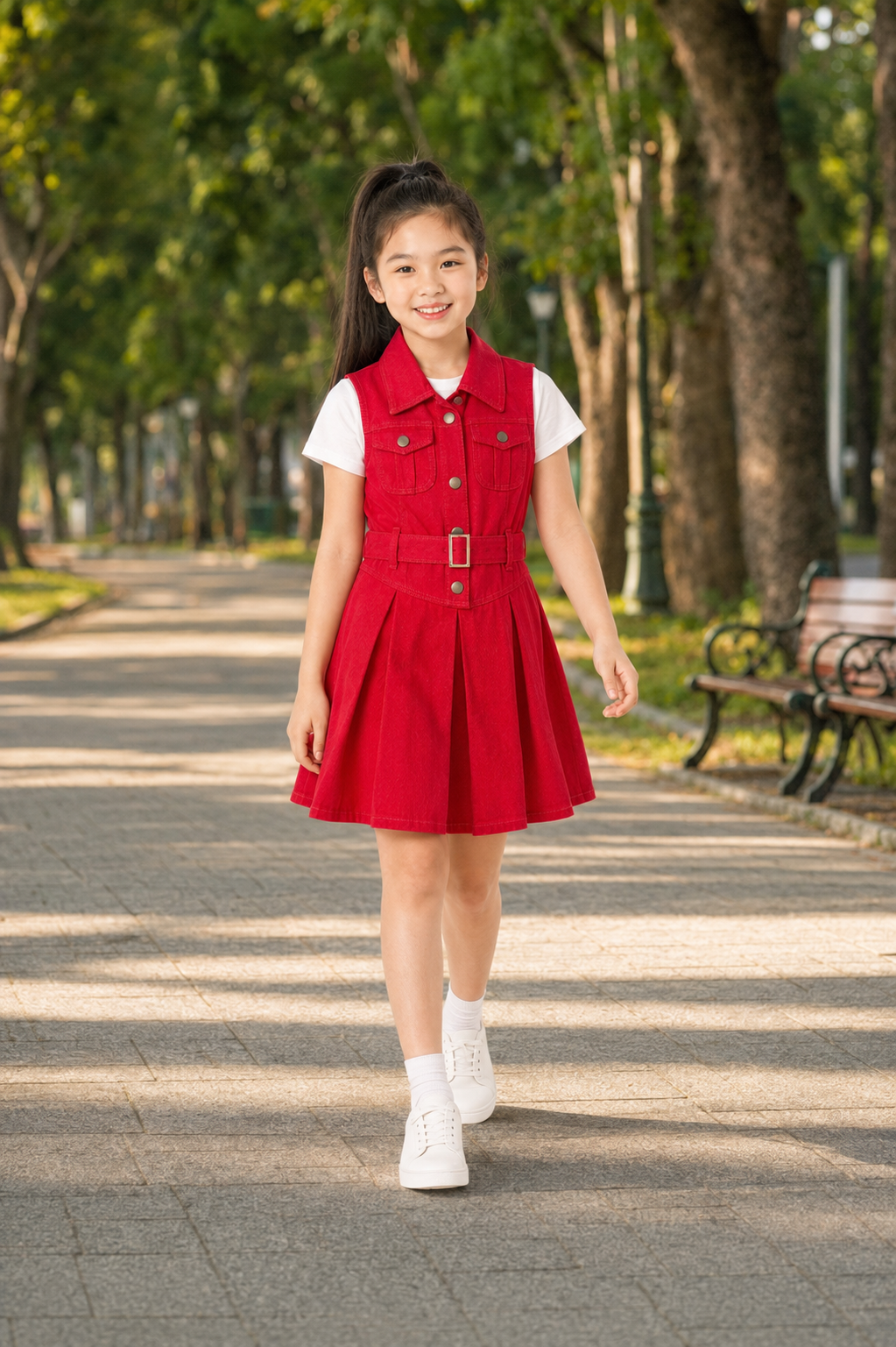 Váy Kaki Sát Nách Cho Bé Gái Dáng Vest Xếp Ly Phối Đai Lưng Màu Đỏ Nổi Bật