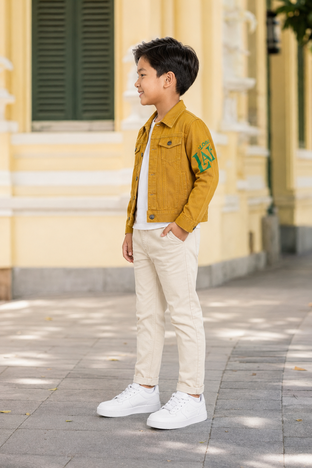 Áo Khoác Kaki Bé Trai & Bé Gái Màu Vàng Mù Tạt In Chữ Tay Áo Phong Cách Hàn Quốc - Ảnh 4