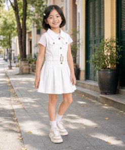 Váy Kaki Sát Nách Cho Bé Gái Dáng Vest Xếp Ly Phối Đai Lưng Màu Trắng Thanh Lịch - ảnh 5