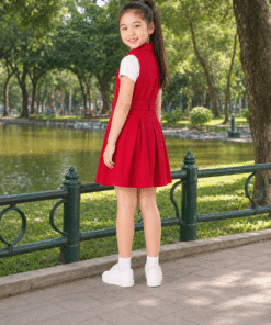Váy Kaki Sát Nách Cho Bé Gái Dáng Vest Xếp Ly Phối Đai Lưng Màu Đỏ Nổi Bật - ảnh 4