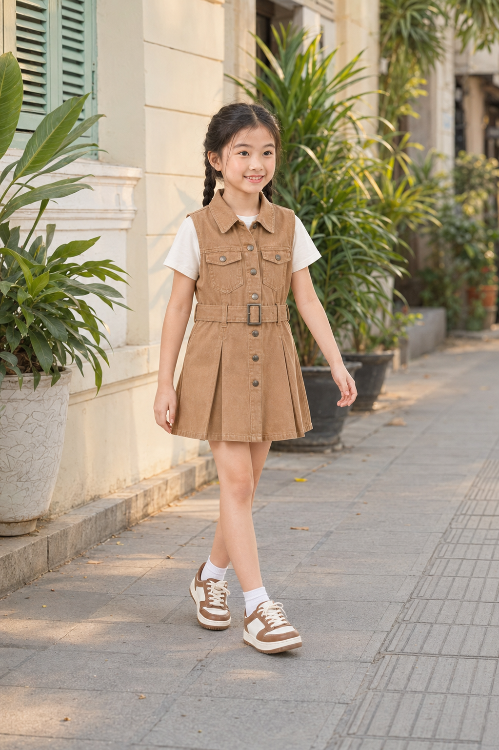 Tiêu đề sản phẩm (chuẩn SEO & hấp dẫn): Váy Kaki Sát Nách Cho Bé Gái Dáng Vest Xếp Ly Phối Đai Lưng Màu Nâu Tay/Nâu Đất Vintage - Ảnh 2