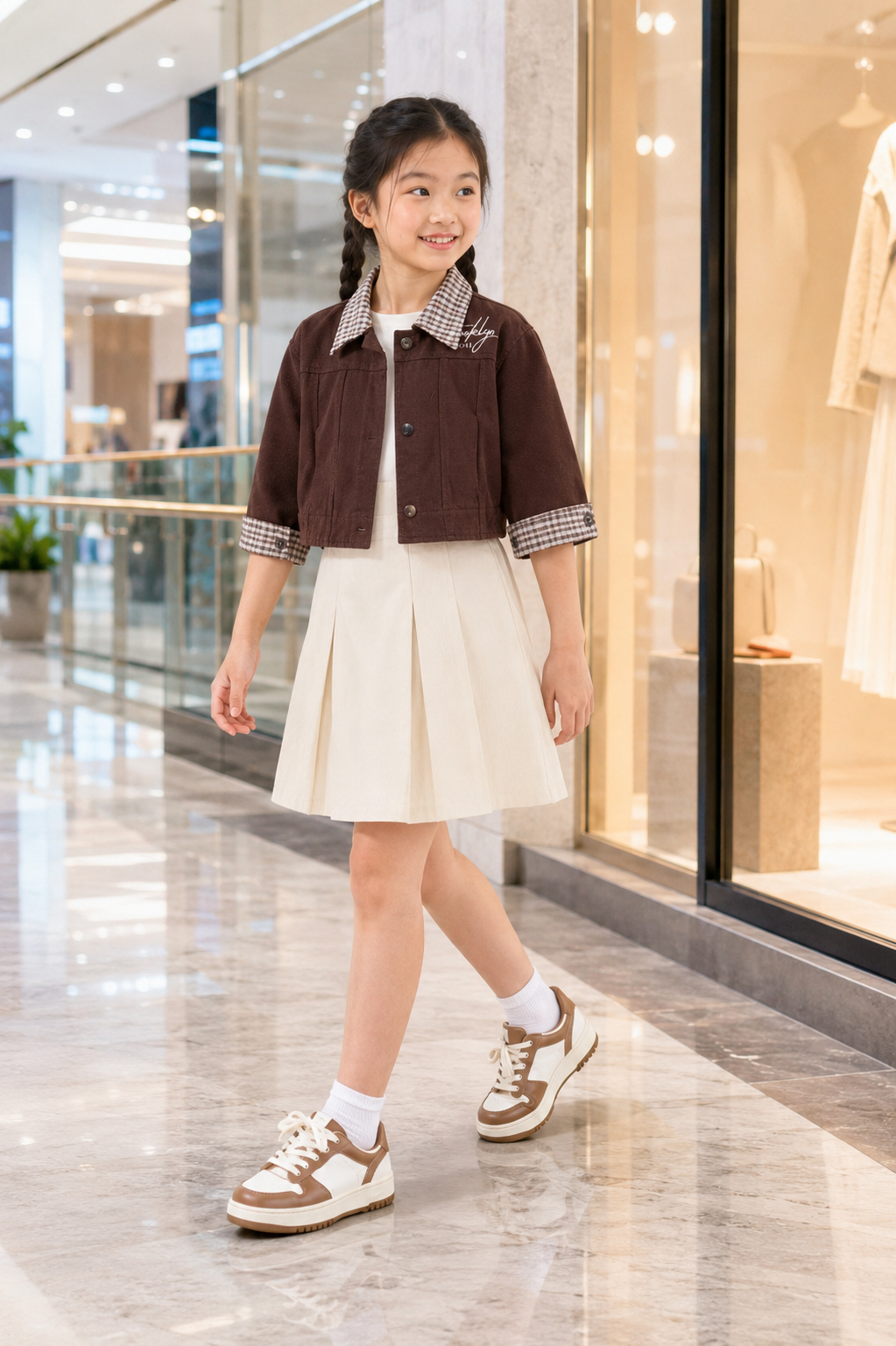 Áo Khoác Kaki Cho Bé Màu Nâu Cổ Phối Caro Phong Cách Hàn Quốc - Ảnh 2