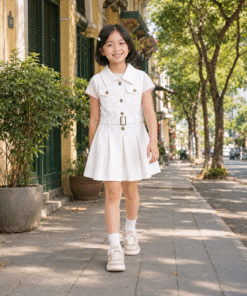 Alternative view of Váy Kaki Sát Nách Cho Bé Gái Dáng Vest Xếp Ly Phối Đai Lưng Màu Trắng Thanh Lịch