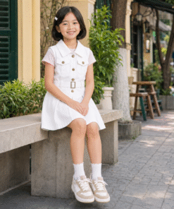 Váy Kaki Sát Nách Cho Bé Gái Dáng Vest Xếp Ly Phối Đai Lưng Màu Trắng Thanh Lịch - ảnh 3