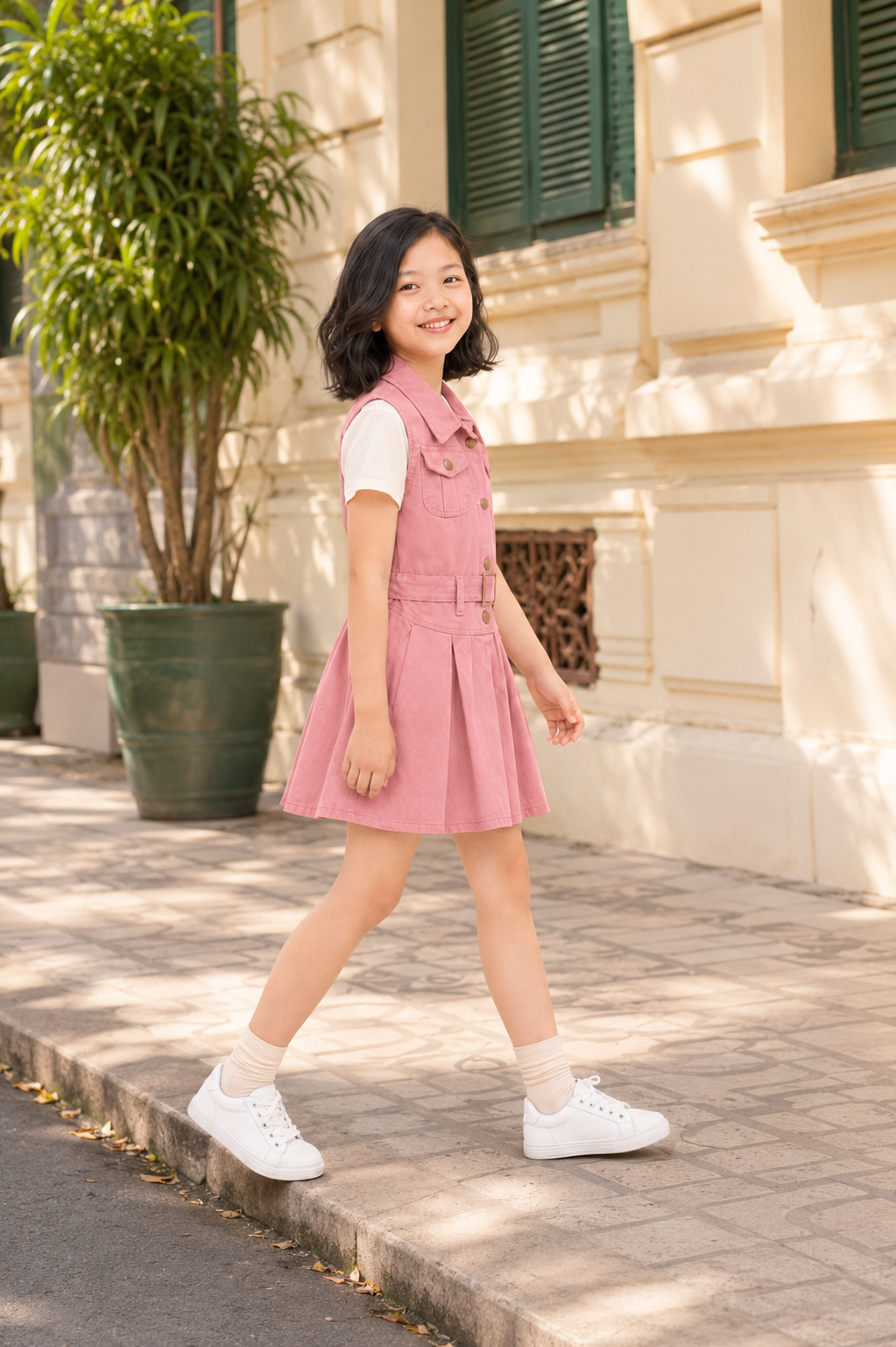 Váy Kaki Sát Nách Cho Bé Gái Dáng Vest Xếp Ly Phối Đai Lưng Màu Hồng Đất / Hồng Dâu Dịu Dàng