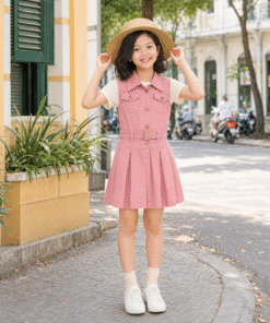 Váy Kaki Sát Nách Cho Bé Gái Dáng Vest Xếp Ly Phối Đai Lưng Màu Hồng Đất / Hồng Dâu Dịu Dàng - ảnh 3