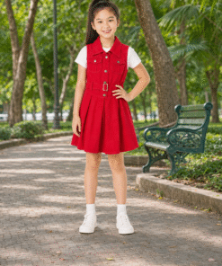 Váy Kaki Sát Nách Cho Bé Gái Dáng Vest Xếp Ly Phối Đai Lưng Màu Đỏ Nổi Bật - ảnh 3