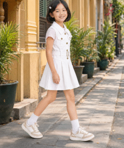 Váy Kaki Sát Nách Cho Bé Gái Dáng Vest Xếp Ly Phối Đai Lưng Màu Trắng Thanh Lịch