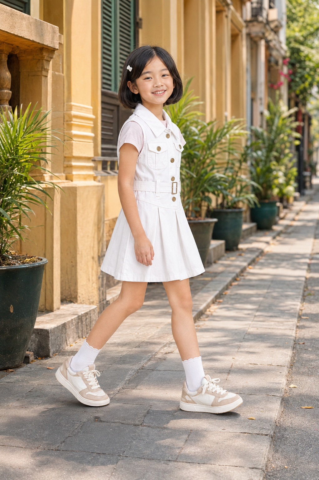 Váy Kaki Sát Nách Cho Bé Gái Dáng Vest Xếp Ly Phối Đai Lưng Màu Trắng Thanh Lịch