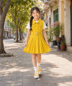 Váy Kaki Sát Nách Cho Bé Gái Dáng Vest Xếp Ly Phối Đai Lưng Màu Vàng Rực Rỡ
