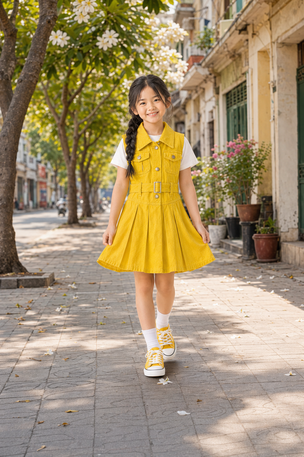 Váy Kaki Sát Nách Cho Bé Gái Dáng Vest Xếp Ly Phối Đai Lưng Màu Vàng Rực Rỡ