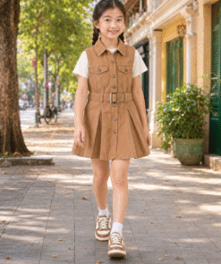 Váy Kaki Sát Nách Cho Bé Gái Dáng Vest Xếp Ly Phối Đai Lưng Màu Nâu Tay/Nâu Đất Vintage - ảnh 5