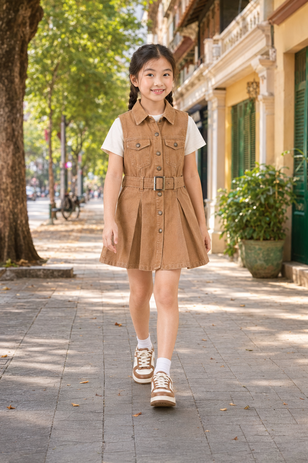 Tiêu đề sản phẩm (chuẩn SEO & hấp dẫn): Váy Kaki Sát Nách Cho Bé Gái Dáng Vest Xếp Ly Phối Đai Lưng Màu Nâu Tay/Nâu Đất Vintage - Ảnh 5