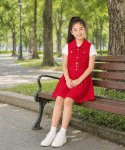Alternative view of Váy Kaki Sát Nách Cho Bé Gái Dáng Vest Xếp Ly Phối Đai Lưng Màu Đỏ Nổi Bật