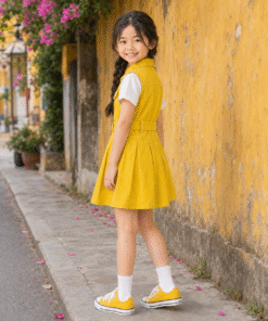 Alternative view of Váy Kaki Sát Nách Cho Bé Gái Dáng Vest Xếp Ly Phối Đai Lưng Màu Vàng Rực Rỡ